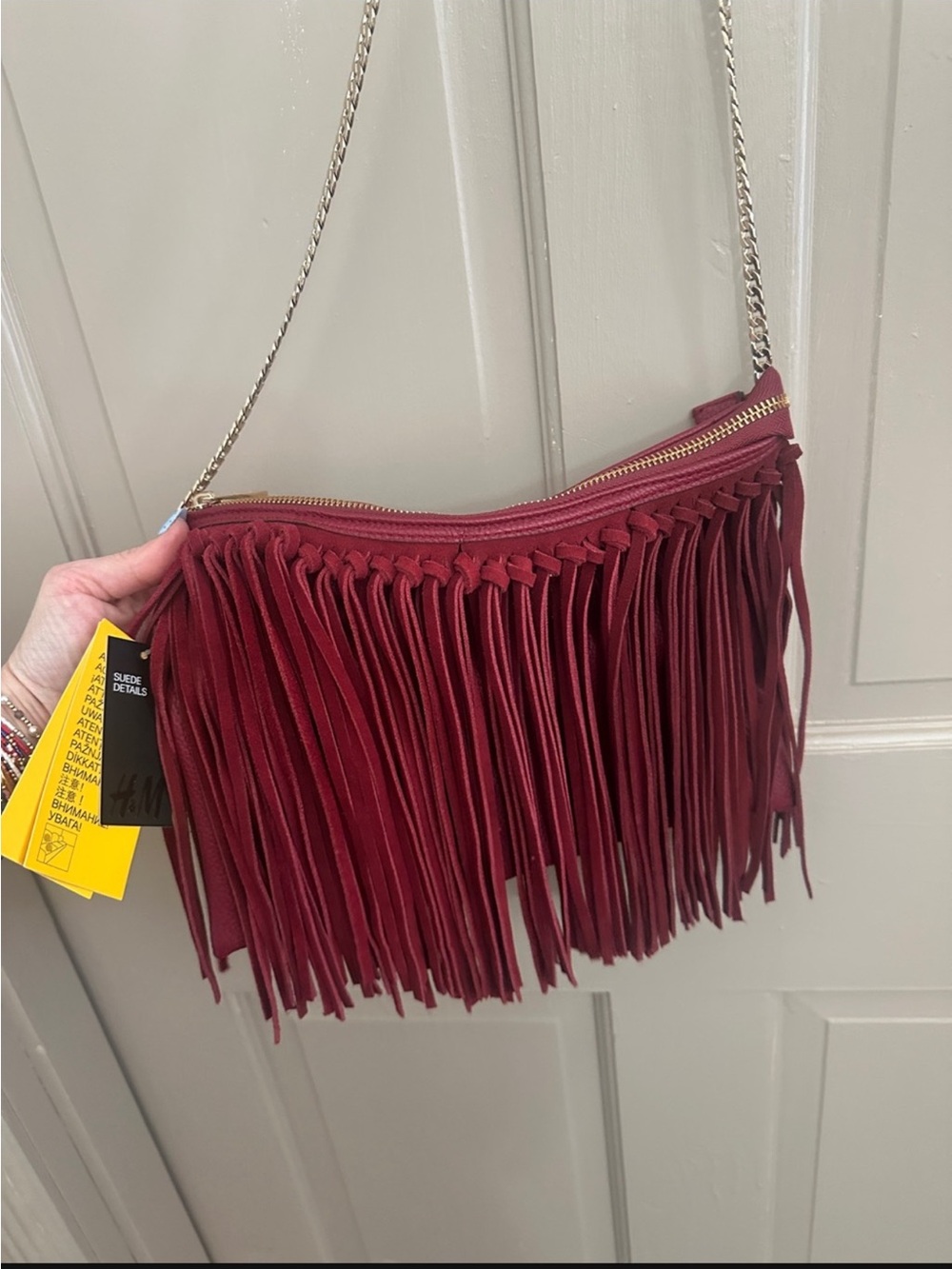 H&M Burgundy Suede Fringe Crossbody Bag Gold Chain Boho Western NWT